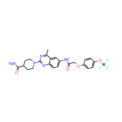 Cc1nc(N2CCC(C(N)=O)CC2)nc2ccc(NC(=O)COc3ccc(OC(F)(F)F)cc3)cc12 ZINC000084617276