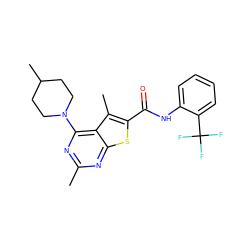 Cc1nc(N2CCC(C)CC2)c2c(C)c(C(=O)Nc3ccccc3C(F)(F)F)sc2n1 ZINC000002924599