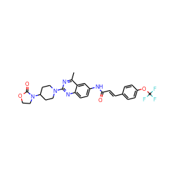 Cc1nc(N2CCC(N3CCOC3=O)CC2)nc2ccc(NC(=O)/C=C/c3ccc(OC(F)(F)F)cc3)cc12 ZINC000084633635