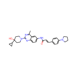 Cc1nc(N2CCC(O)(C3CC3)CC2)nc2ccc(NC(=O)/C=C/c3ccc(N4CCCC4)cc3)cc12 ZINC000084617368