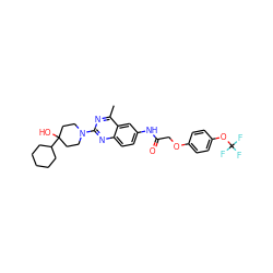 Cc1nc(N2CCC(O)(C3CCCCC3)CC2)nc2ccc(NC(=O)COc3ccc(OC(F)(F)F)cc3)cc12 ZINC000084635652