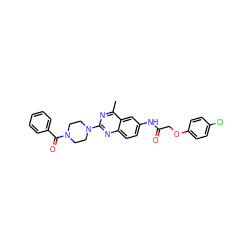 Cc1nc(N2CCN(C(=O)c3ccccc3)CC2)nc2ccc(NC(=O)COc3ccc(Cl)cc3)cc12 ZINC000084596563