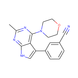 Cc1nc(N2CCOCC2)c2c(-c3cccc(C#N)c3)c[nH]c2n1 ZINC000210751081