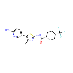 Cc1nc(NC(=O)[C@H]2CC[C@@H](C(F)(F)F)CC2)sc1-c1ccc(N)nc1 ZINC000261086055