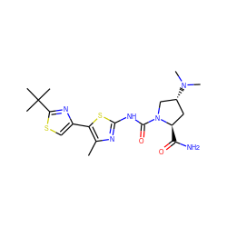 Cc1nc(NC(=O)N2C[C@H](N(C)C)C[C@H]2C(N)=O)sc1-c1csc(C(C)(C)C)n1 ZINC000140024804