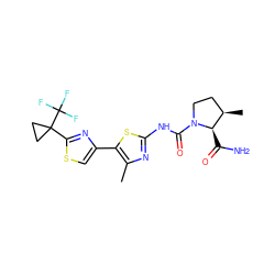 Cc1nc(NC(=O)N2CC[C@@H](C)[C@H]2C(N)=O)sc1-c1csc(C2(C(F)(F)F)CC2)n1 ZINC000145105214