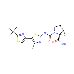 Cc1nc(NC(=O)N2CC[C@@H]3C[C@@]32C(N)=O)sc1-c1csc(C(C)(C)C)n1 ZINC000140025320