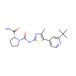 Cc1nc(NC(=O)N2CCC[C@@H]2C(N)=O)sc1-c1ccnc(C(C)(C)C)c1 ZINC000096272380