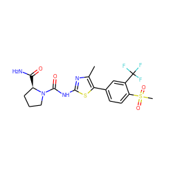 Cc1nc(NC(=O)N2CCC[C@H]2C(N)=O)sc1-c1ccc(S(C)(=O)=O)c(C(F)(F)F)c1 ZINC000084544561