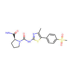 Cc1nc(NC(=O)N2CCC[C@H]2C(N)=O)sc1-c1ccc(S(C)(=O)=O)cc1 ZINC000084689703