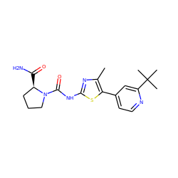 Cc1nc(NC(=O)N2CCC[C@H]2C(N)=O)sc1-c1ccnc(C(C)(C)C)c1 ZINC000096272370