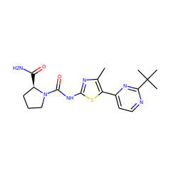 Cc1nc(NC(=O)N2CCC[C@H]2C(N)=O)sc1-c1ccnc(C(C)(C)C)n1 ZINC000068198364