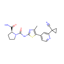 Cc1nc(NC(=O)N2CCC[C@H]2C(N)=O)sc1-c1ccnc(C2(C#N)CC2)c1 ZINC000096272378