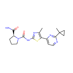 Cc1nc(NC(=O)N2CCC[C@H]2C(N)=O)sc1-c1ccnc(C2(C)CC2)n1 ZINC000096272371