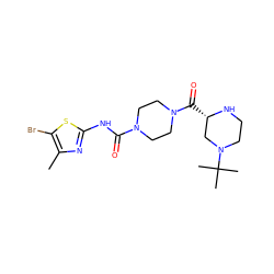 Cc1nc(NC(=O)N2CCN(C(=O)[C@H]3CN(C(C)(C)C)CCN3)CC2)sc1Br ZINC000142653475