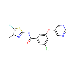 Cc1nc(NC(=O)c2cc(Cl)cc(Oc3cncnc3)c2)sc1F ZINC000096938937