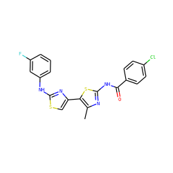 Cc1nc(NC(=O)c2ccc(Cl)cc2)sc1-c1csc(Nc2cccc(F)c2)n1 ZINC000008691392