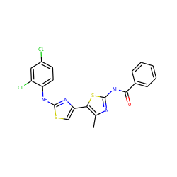 Cc1nc(NC(=O)c2ccccc2)sc1-c1csc(Nc2ccc(Cl)cc2Cl)n1 ZINC000008672339