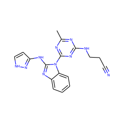 Cc1nc(NCCC#N)nc(-n2c(Nc3cc[nH]n3)nc3ccccc32)n1 ZINC000071317762