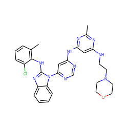 Cc1nc(NCCN2CCOCC2)cc(Nc2cc(-n3c(Nc4c(C)cccc4Cl)nc4ccccc43)ncn2)n1 ZINC000044350657