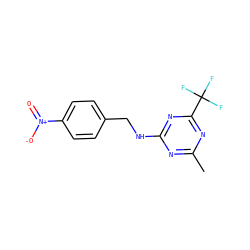 Cc1nc(NCc2ccc([N+](=O)[O-])cc2)nc(C(F)(F)F)n1 ZINC000103283032