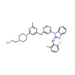 Cc1nc(Nc2cc(-n3c(Nc4c(C)cccc4Cl)nc4ccccc43)ncn2)cc(N2CCN(CCO)CC2)n1 ZINC000096301067