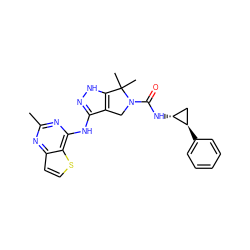 Cc1nc(Nc2n[nH]c3c2CN(C(=O)N[C@@H]2C[C@H]2c2ccccc2)C3(C)C)c2sccc2n1 ZINC000115983290