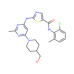 Cc1nc(Nc2ncc(C(=O)Nc3c(C)cccc3Cl)s2)cc(N2CCC(CO)CC2)n1 ZINC000014952227