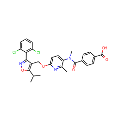 Cc1nc(OCc2c(-c3c(Cl)cccc3Cl)noc2C(C)C)ccc1N(C)C(=O)c1ccc(C(=O)O)cc1 ZINC000058534789