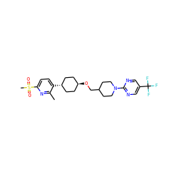 Cc1nc(S(C)(=O)=O)ccc1[C@H]1CC[C@H](OCC2CCN(c3ncc(C(F)(F)F)cn3)CC2)CC1 ZINC000261177918