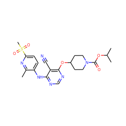 Cc1nc(S(C)(=O)=O)ccc1Nc1ncnc(OC2CCN(C(=O)OC(C)C)CC2)c1C#N ZINC000073278730