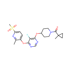 Cc1nc(S(C)(=O)=O)ccc1Oc1ncnc(OC2CCN(C(=O)C3(C)CC3)CC2)c1F ZINC000299835563