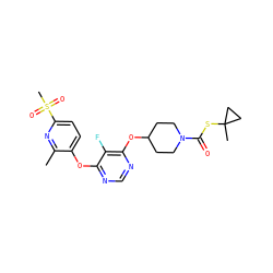 Cc1nc(S(C)(=O)=O)ccc1Oc1ncnc(OC2CCN(C(=O)SC3(C)CC3)CC2)c1F ZINC000299832006