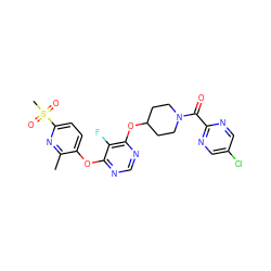 Cc1nc(S(C)(=O)=O)ccc1Oc1ncnc(OC2CCN(C(=O)c3ncc(Cl)cn3)CC2)c1F ZINC000299825296