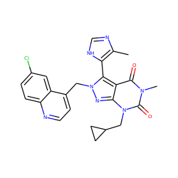 Cc1nc[nH]c1-c1c2c(=O)n(C)c(=O)n(CC3CC3)c2nn1Cc1ccnc2ccc(Cl)cc12 ZINC000101647781