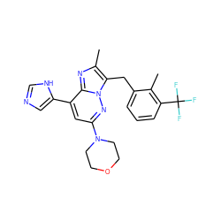 Cc1nc2c(-c3cnc[nH]3)cc(N3CCOCC3)nn2c1Cc1cccc(C(F)(F)F)c1C ZINC001772588922