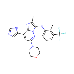 Cc1nc2c(-c3cnc[nH]3)cc(N3CCOCC3)nn2c1Nc1cccc(C(F)(F)F)c1C ZINC001772645332