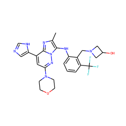 Cc1nc2c(-c3cnc[nH]3)cc(N3CCOCC3)nn2c1Nc1cccc(C(F)(F)F)c1CN1CC(O)C1 ZINC001772646852