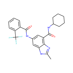 Cc1nc2c(C(=O)NC3CCCCC3)cc(NC(=O)c3ccccc3C(F)(F)F)cc2[nH]1 ZINC000205653755