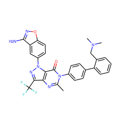 Cc1nc2c(C(F)(F)F)nn(-c3ccc4onc(N)c4c3)c2c(=O)n1-c1ccc(-c2ccccc2CN(C)C)cc1 ZINC000014210483