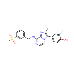 Cc1nc2c(NCc3cccc(S(C)(=O)=O)c3)nccn2c1-c1ccc(O)c(F)c1 ZINC000096917507