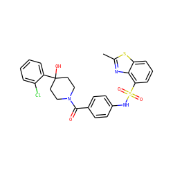 Cc1nc2c(S(=O)(=O)Nc3ccc(C(=O)N4CCC(O)(c5ccccc5Cl)CC4)cc3)cccc2s1 ZINC000221283361