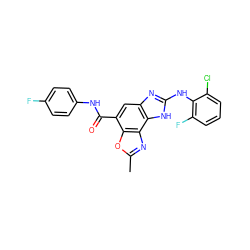 Cc1nc2c(o1)c(C(=O)Nc1ccc(F)cc1)cc1nc(Nc3c(F)cccc3Cl)[nH]c12 ZINC000139864198