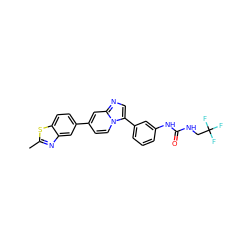 Cc1nc2cc(-c3ccn4c(-c5cccc(NC(=O)NCC(F)(F)F)c5)cnc4c3)ccc2s1 ZINC000150327100