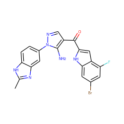 Cc1nc2cc(-n3ncc(C(=O)c4cc5c(F)cc(Br)cc5[nH]4)c3N)ccc2[nH]1 ZINC000149927059