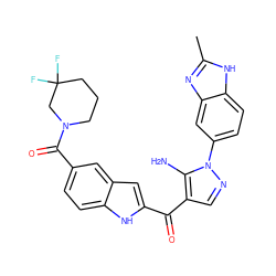 Cc1nc2cc(-n3ncc(C(=O)c4cc5cc(C(=O)N6CCCC(F)(F)C6)ccc5[nH]4)c3N)ccc2[nH]1 ZINC000150032227