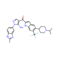 Cc1nc2cc(-n3ncc(C(=O)c4cc5cc(C6CCN(C(C)C)CC6)c(C(F)(F)F)cc5[nH]4)c3N)ccc2[nH]1 ZINC000149900266