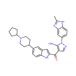 Cc1nc2cc(-n3ncc(C(=O)c4cc5cc(C6CCN(C7CCCC7)CC6)ccc5[nH]4)c3N)ccc2[nH]1 ZINC000150123919