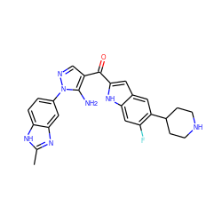 Cc1nc2cc(-n3ncc(C(=O)c4cc5cc(C6CCNCC6)c(F)cc5[nH]4)c3N)ccc2[nH]1 ZINC000149926165