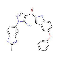 Cc1nc2cc(-n3ncc(C(=O)c4cc5cc(Oc6ccccc6)ccc5[nH]4)c3N)ccc2[nH]1 ZINC000149870521